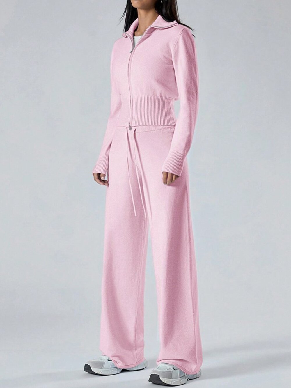 Women's Long Sleeve Zip-Front Cardigan And Knitted Long Pants Casual coord set